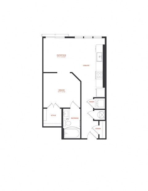 Floor plan for studio, 1 bath, 607 sqft